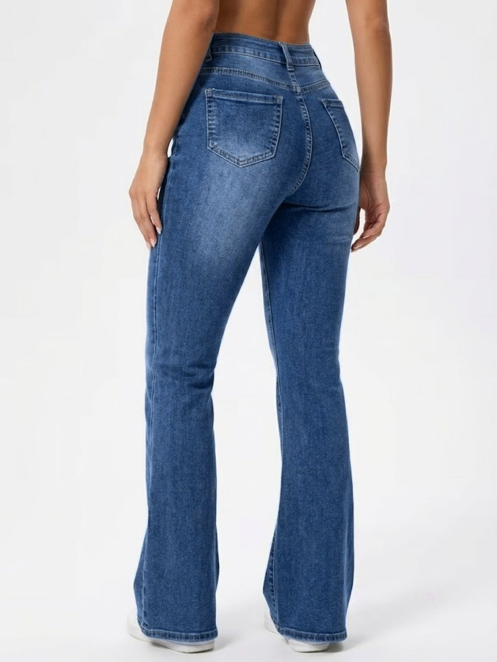 Femelle haute de la taille Knee Ripped Flare Denim Jeans Stretch Slim Floor-Length Pantalons Pour