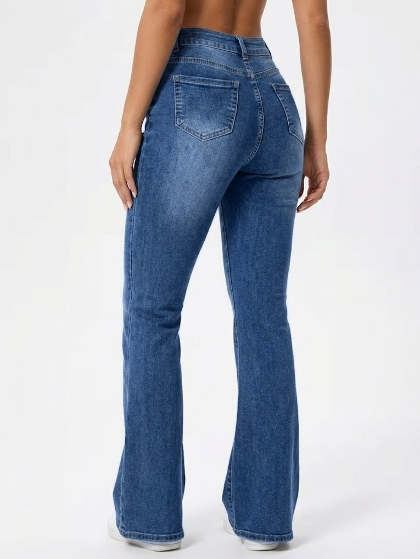 Femelle haute de la taille Knee Ripped Flare Denim Jeans Stretch Slim Floor-Length Pantalons Pour