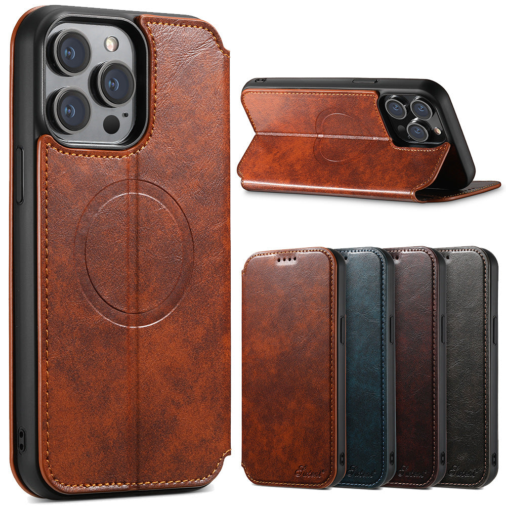 Boîtier de téléphone de protection sans fil de chargeur magnétique en cuir