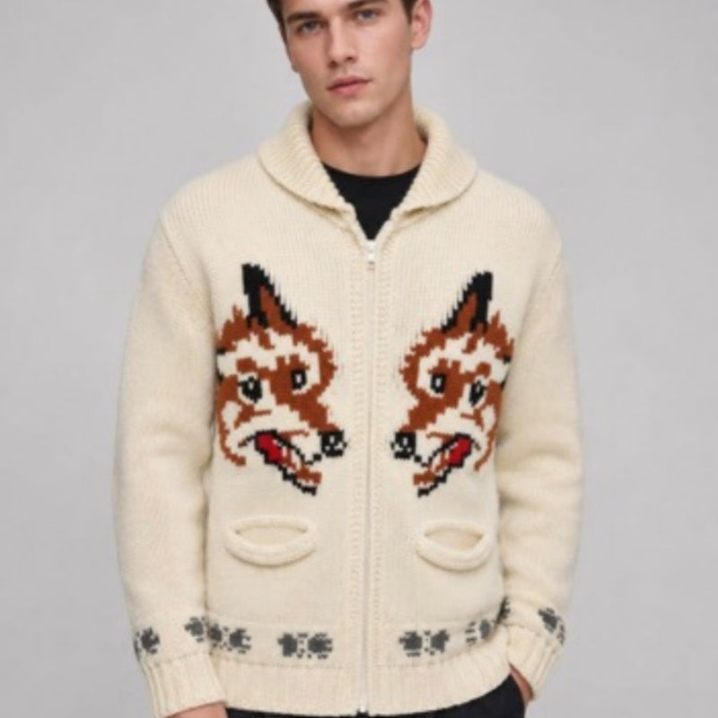 Hommes Fox Jacquard Sweater Cardigan