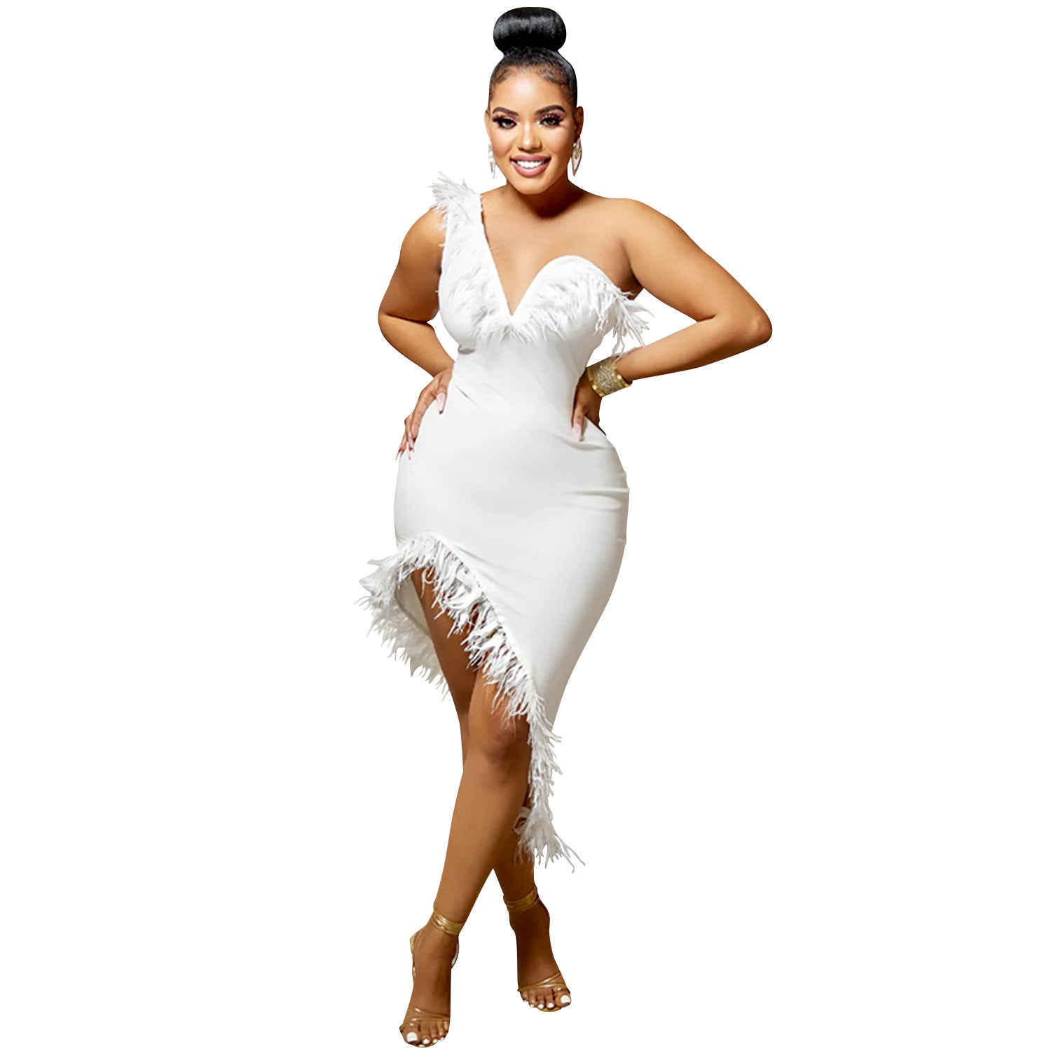 Robe sans manches sans col en V à plumes de poitrine Irrégulier Midi