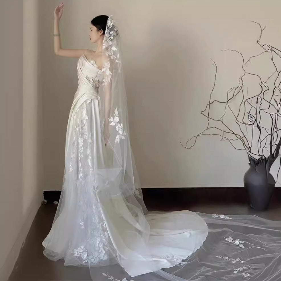 Satin Dentelle Veil Tube de mariage Top Robe de mariée en queue de poisson
