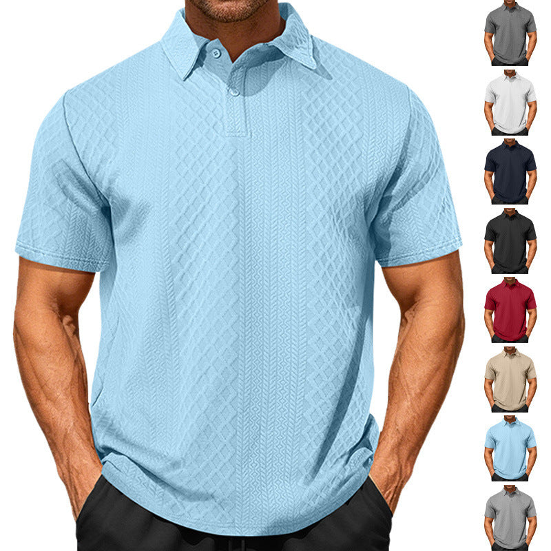 Men's Summer Thin Loose Respirant Solid Color Jacquard Tissu Lapel Short Sleeve Polo Shi