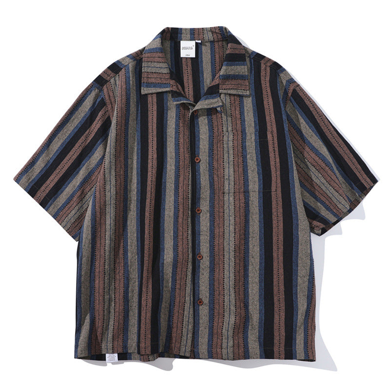 Chemise à manches courtes rayée style retro Amekaji
