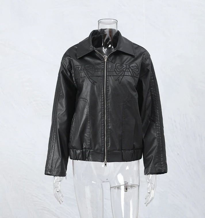 Veste en cuir pour femmes Bow-Knot Zipper