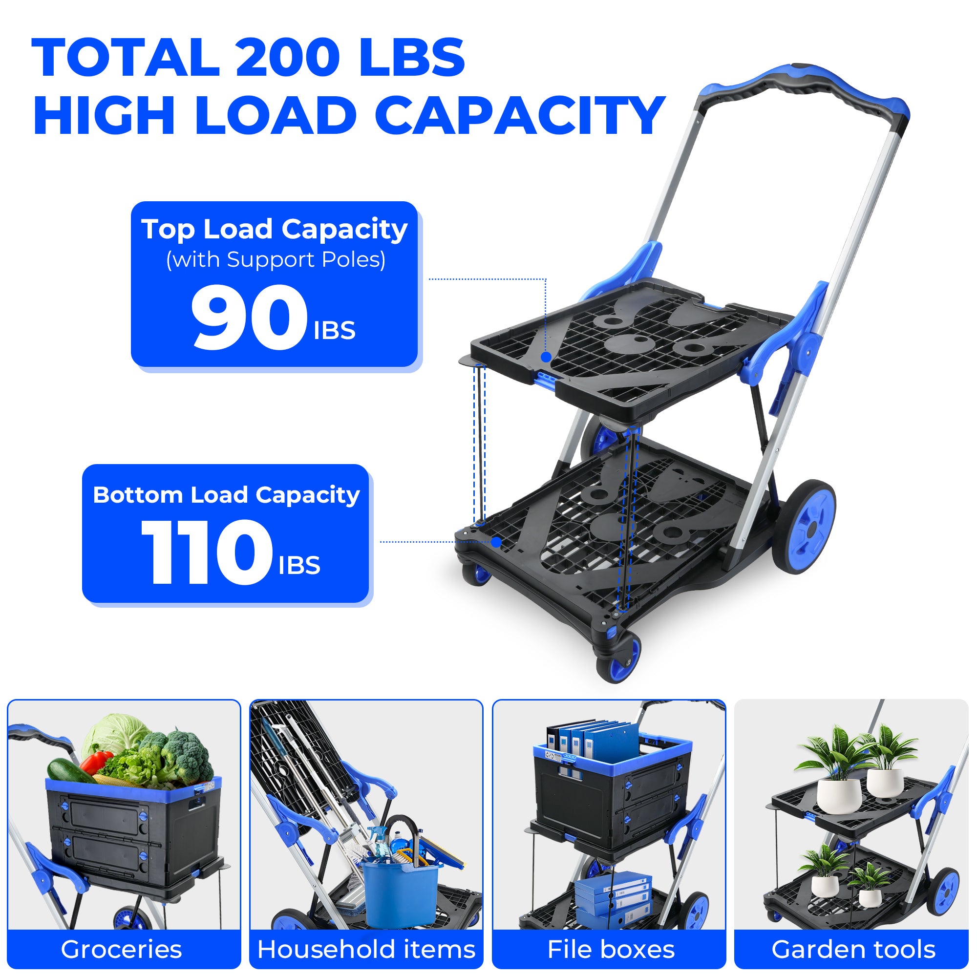 Chariot pliant 2-Tier Multi-Utilisation Fonctionnel Chariots Collapsibles Shopping Chariot avec Roues Sh