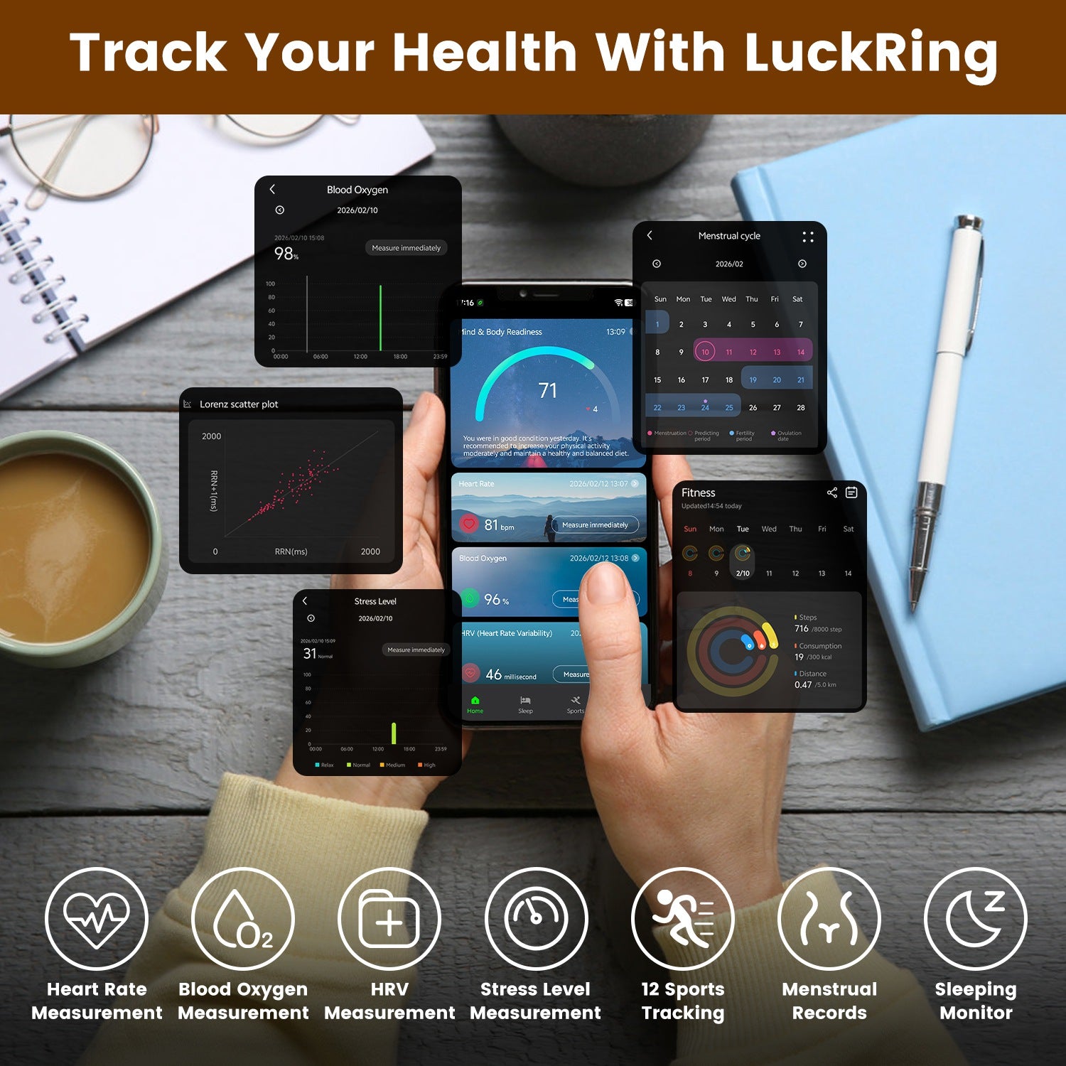 Smart Ring Health Tracker Fitness Sleep Stress HRV Tracker avec charge Cas magnétique Cha