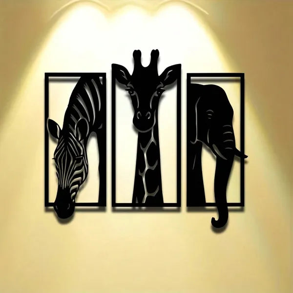 CIFbuy Metal Baked Paint African Animal 3-Piece Wall Art Set Zebra Giraffe Elephant Home D