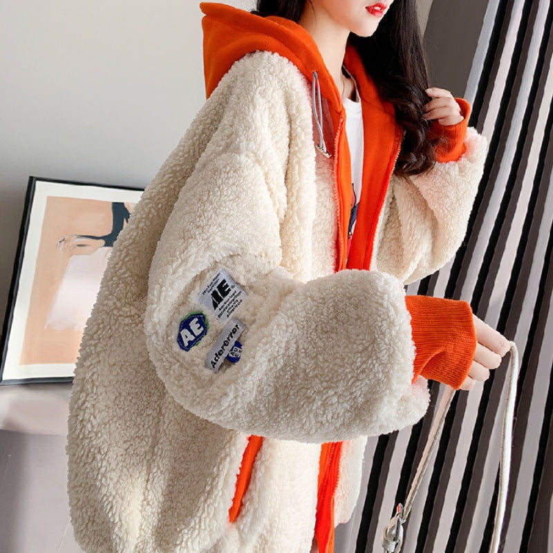 Patchwork de style coréen à capuche à capuche en bloc de couleur Manteau pour femmes