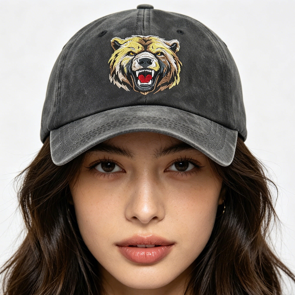 2pcs Grizzly Embroidered Hat - Men's Washed Cotton Baseball Cap