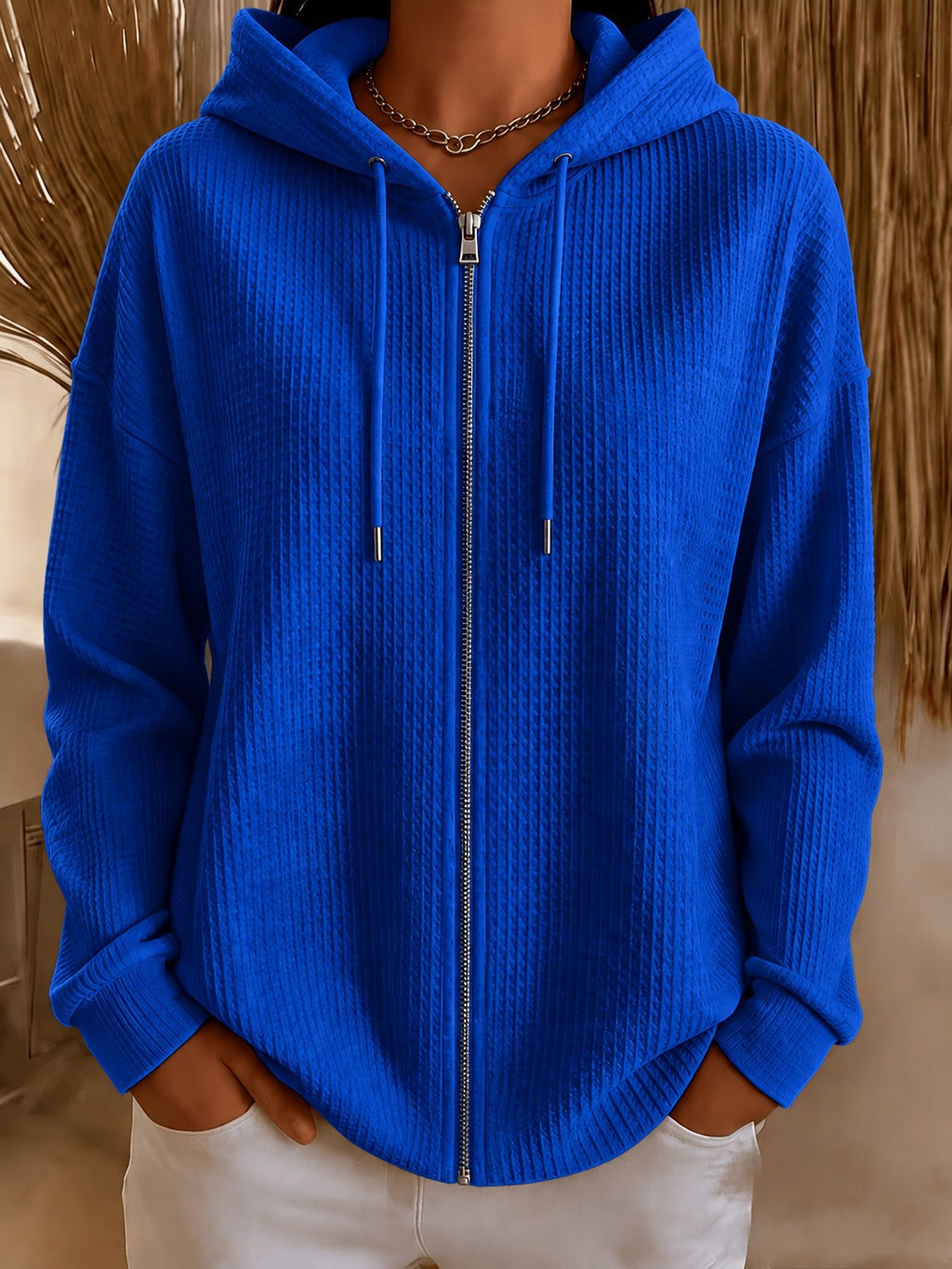 Femmes surdimensionné Waffle Knit Full Zip Veste à capuche