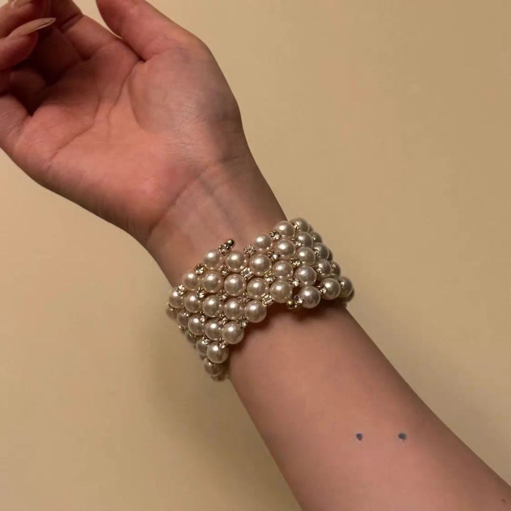 European And American Retro Imitation Pearl Flash Diamond Wide Version Bracelet Niche Acce