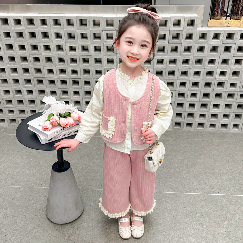 Chemise de Veste en dentelle et pantalons à jambes larges Ensemble de trois-pièces pour enfants