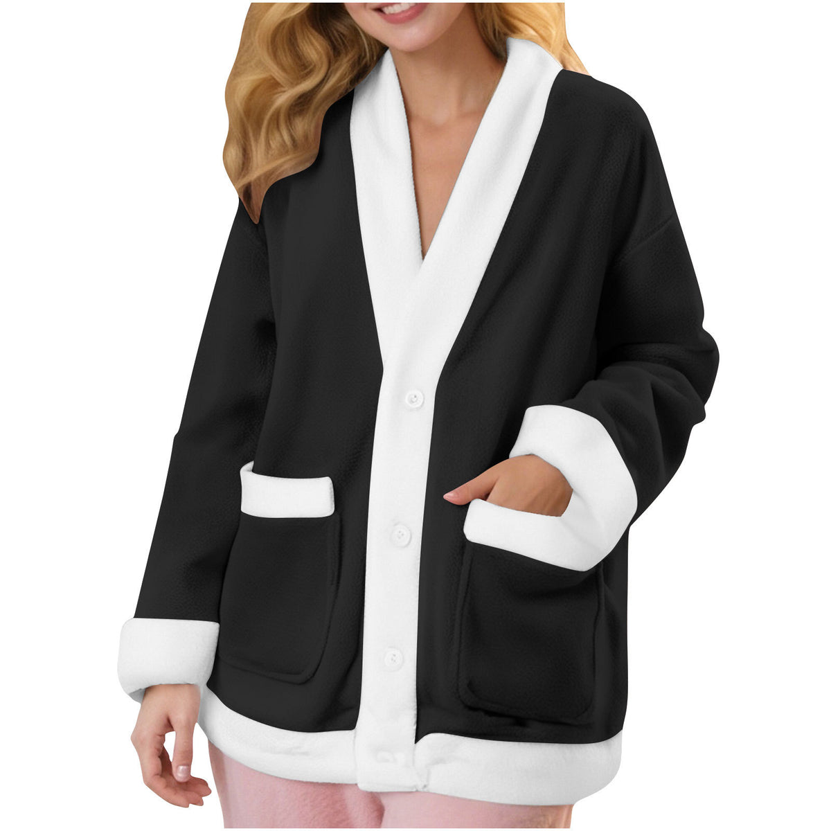 Amazon site indépendant Automne et hiver V-Neck Manches longues Couleur-Block Cardigan Flannel