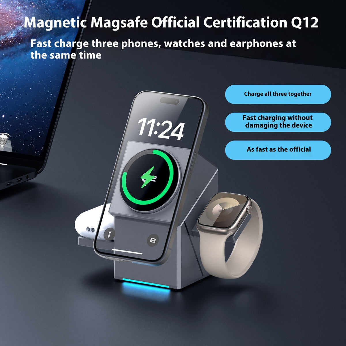 Chargeur sans fil Rubik rotatif magnétique à trois en un
