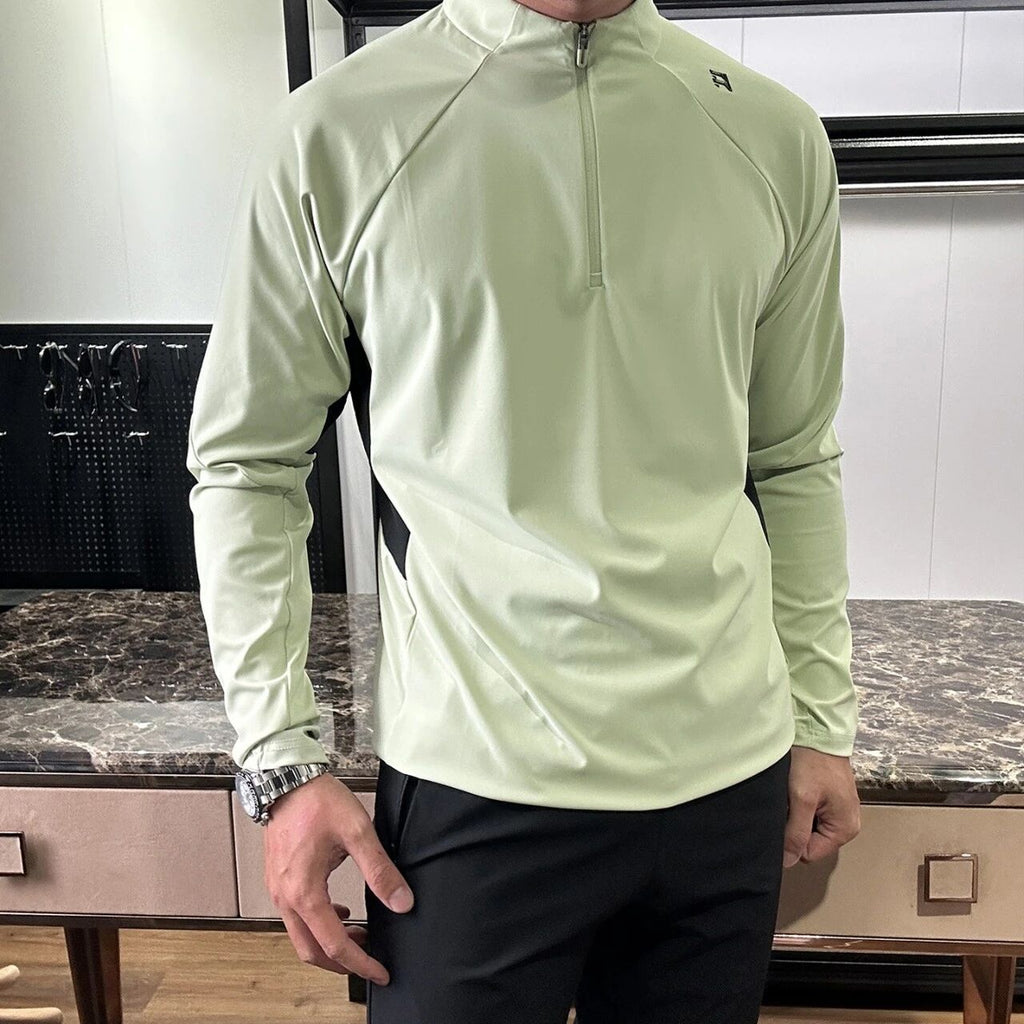 Hommes quartier Zip rapide sèche manches longues Pullover Stand Collar Athletic Tops Respirant Ligh