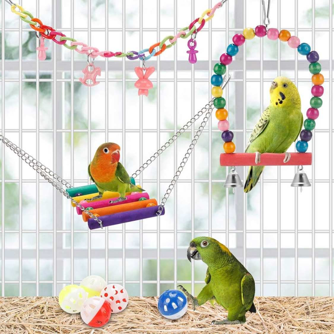Jouet perruche : balançoire, hamac et échelle colorés pour cage