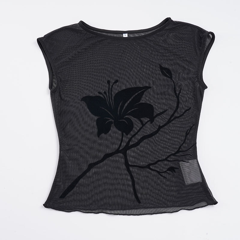 Short sleeve mesh top with coiled print