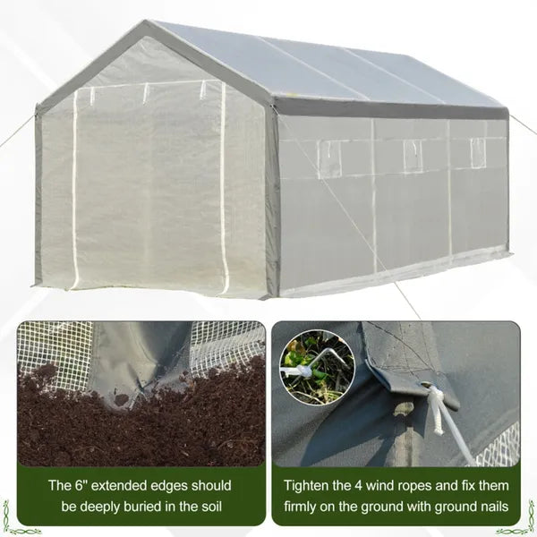 20' X10' X 9' Walk-in Greenhouse with roll-up door and 6 screened windows