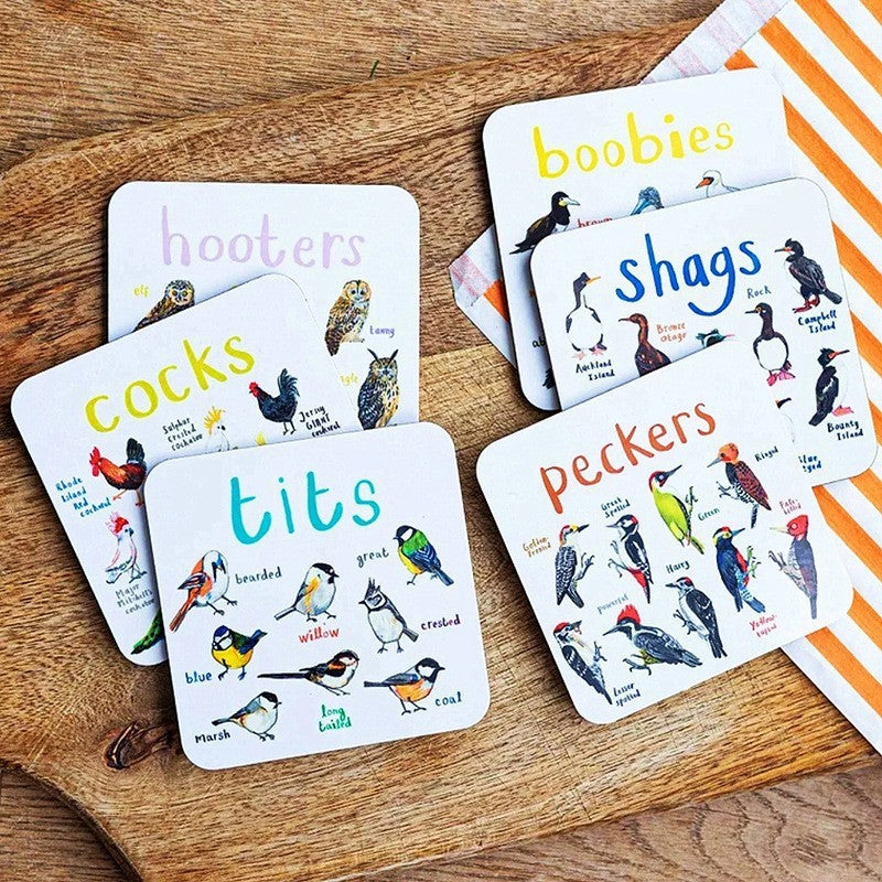 Sous-verres de pun d'oiseau Fun Square Boissons sous-verre pour enfants Tapis de coupe en bois et PVC Accueil Kitch