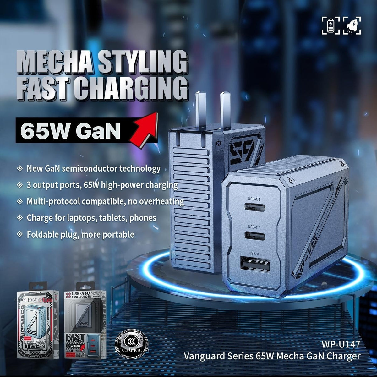 Pin pliable 65W Chargeur de nitride Gallium