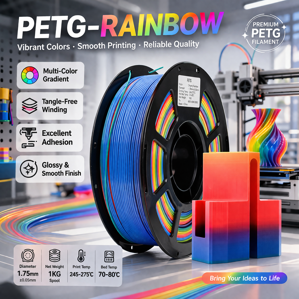 Rainbow Gradient PETG Filament pour imprimantes 3D