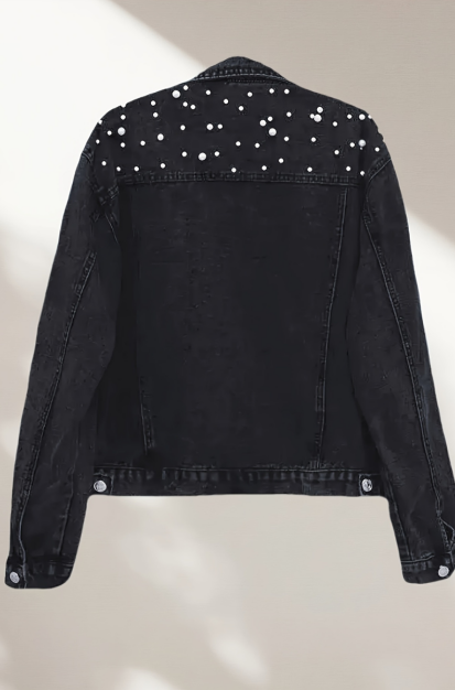 Femmes Perle Studded Denim Veste noir lavé embelli Jean Veste Mode Streetwear O