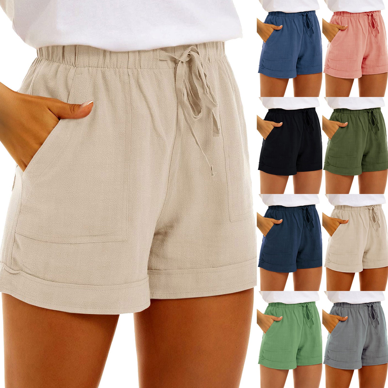 Vente Ladies Solid Color Cotton Lin Pocket Strap High Waist Casual Short