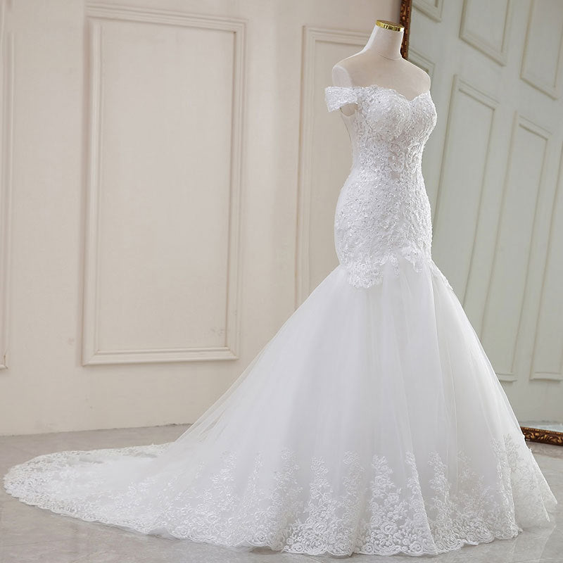 Haute taille Blanc Tempérament Dream Dentelle Mid-waist Long Tail Robe de mariage col V