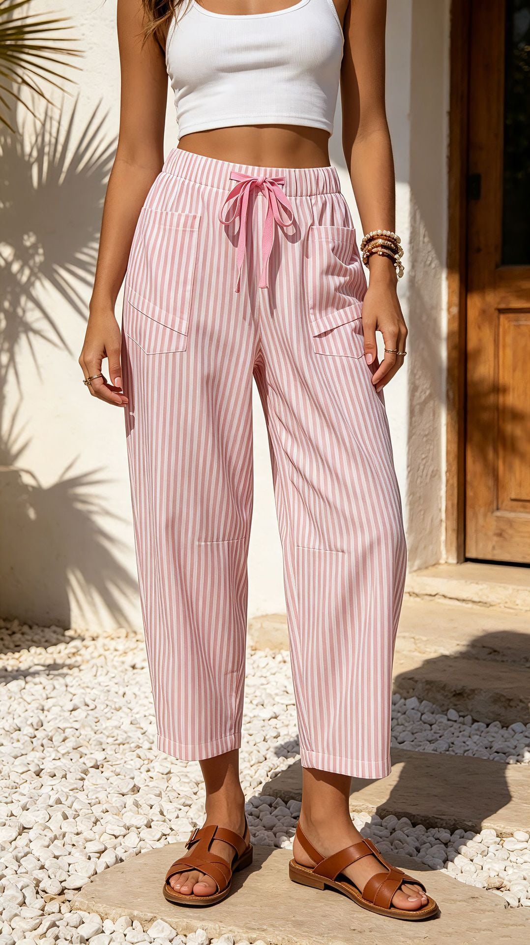 Pantalon pour femmes à poil élastique à imprimé rayé occasionnel