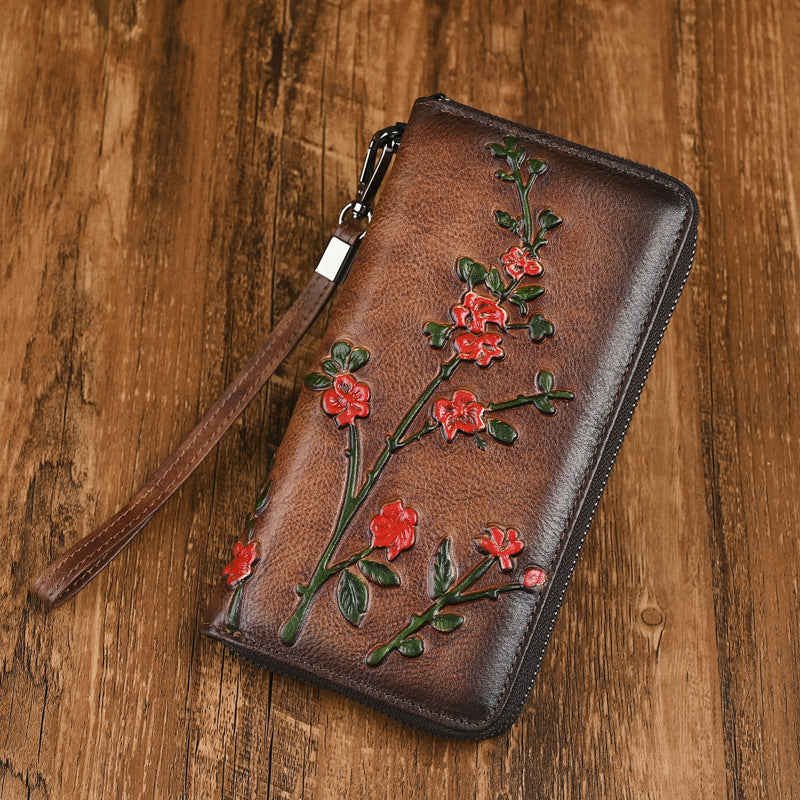 Genuine Leather Women's Wallet - Vintage Embossed Clutch Purse with Card Slots - Euro