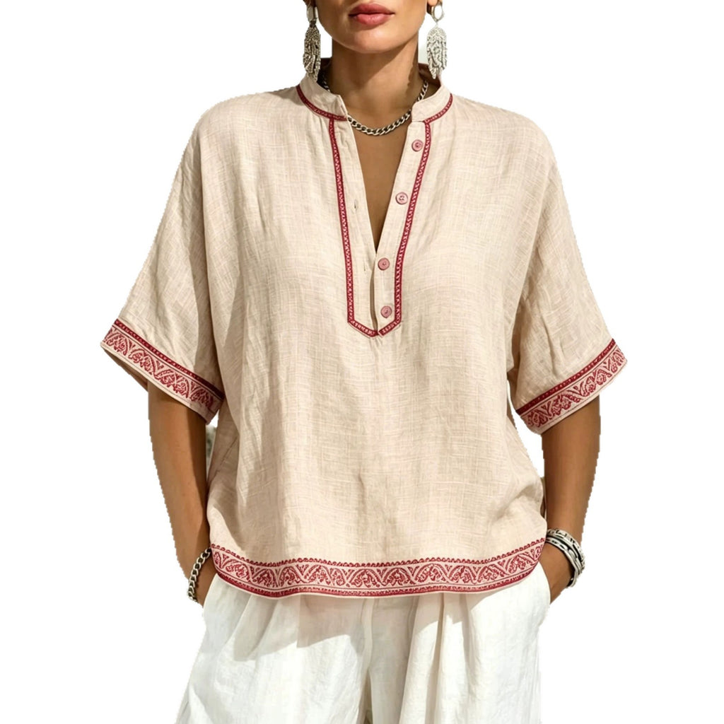 Tee-shirt élégant à col en V avec dentelle et boutons