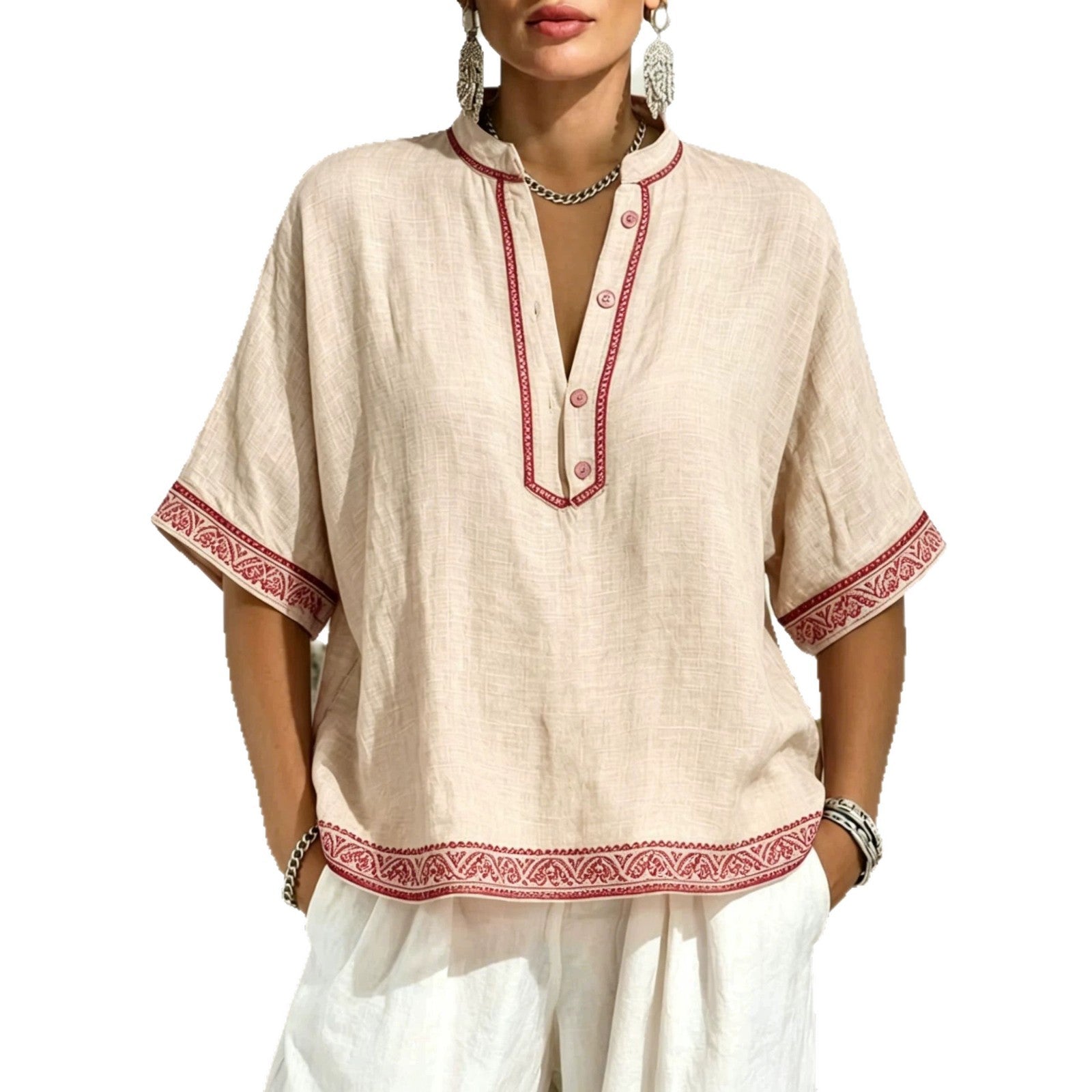 Tee-shirt élégant à col en V avec dentelle et boutons