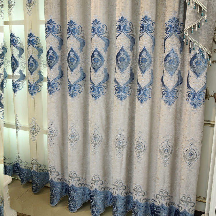 Embroidered Blue Chenille Curtains for Bedroom and Villa