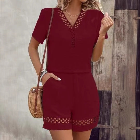 Vente à chaud Europe et Amérique Style V-col Patchwork Short manches courtes Solid Color Short Set