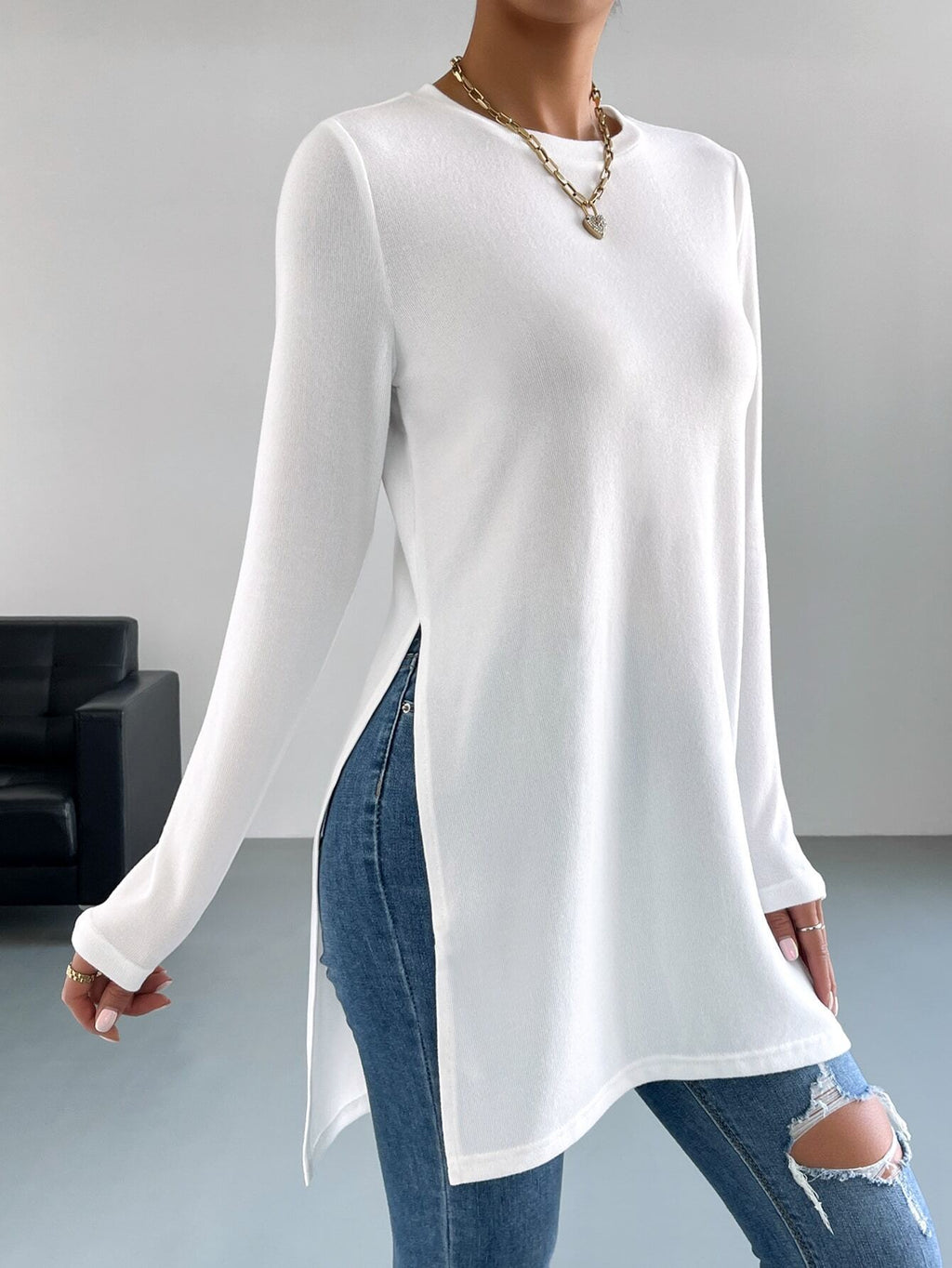 AliExpress Explosions Manches Longues Femme Top TEMU Semelles de couleur solide Split Long T-Shirt Wom