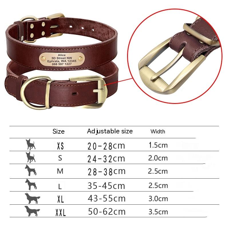 Collier de chien en cuir véritable de vache gravé anti perte