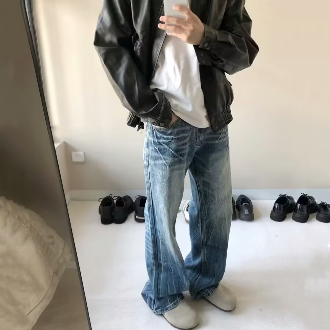 Hommes Loose-fit style américain Jeans lavés-bleu