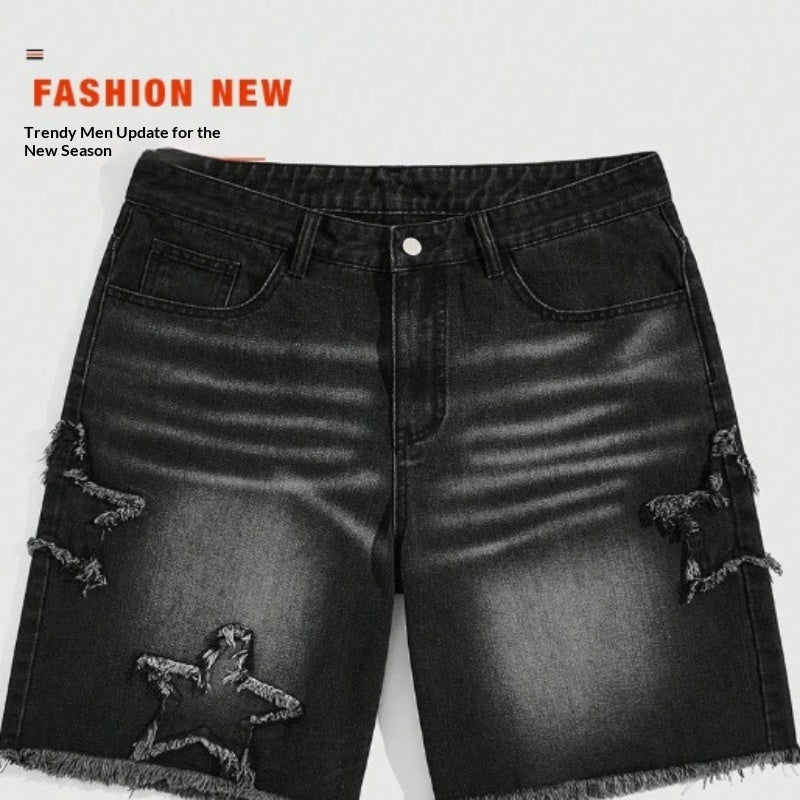 Homme Rétro short denim à cinq points étoilé