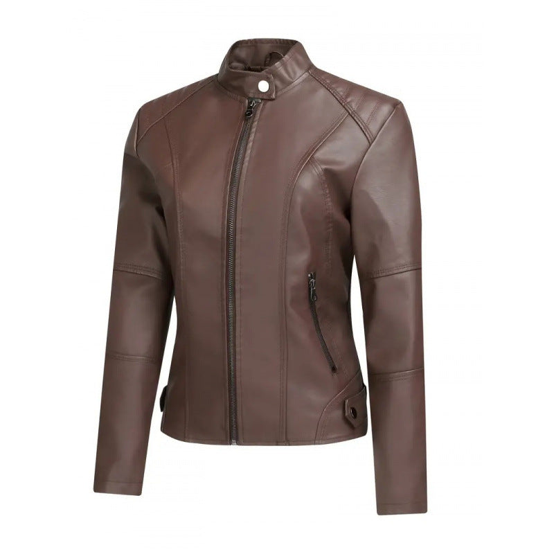 Women's Washed Leather Short Fashion Zip Jacket