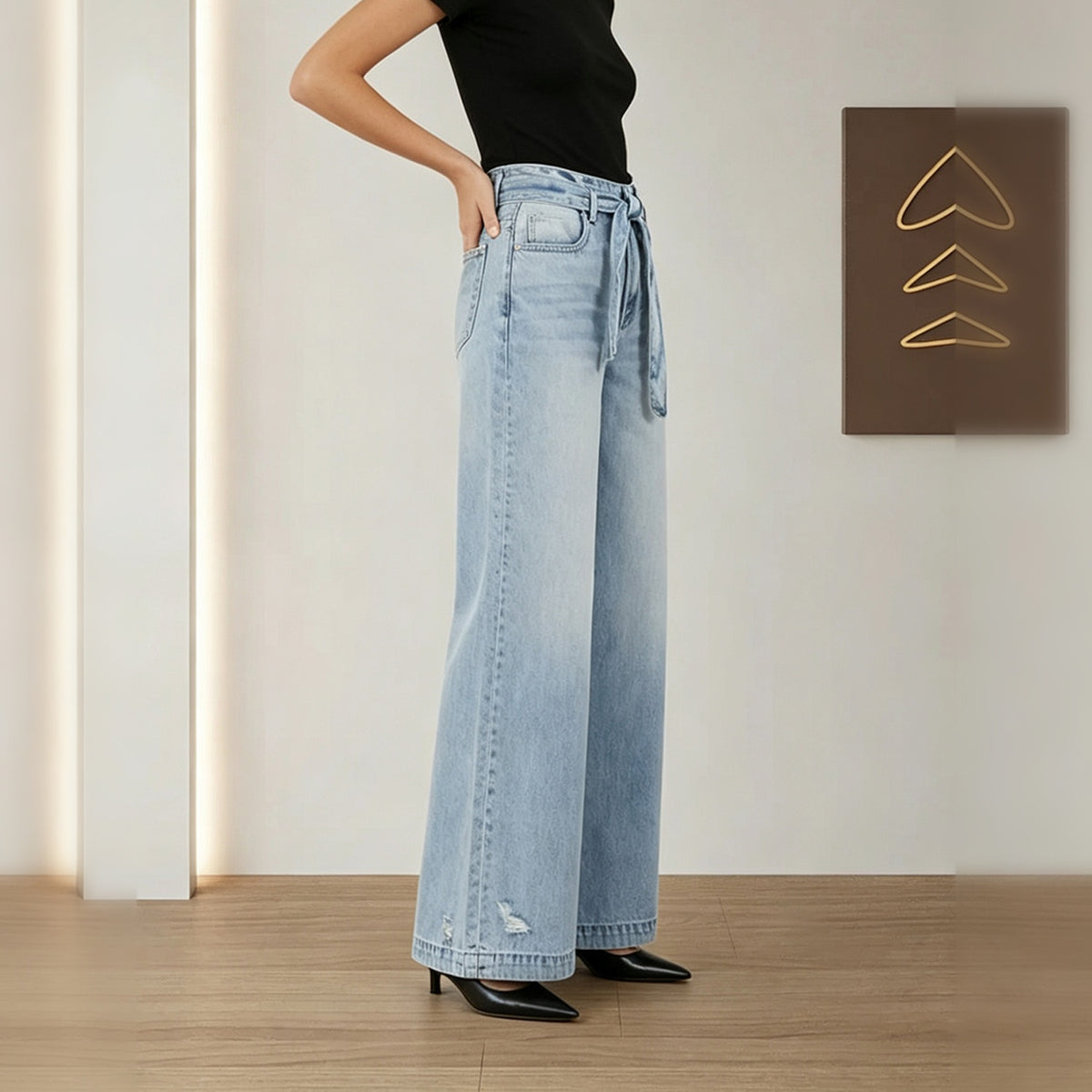 Jeans à jambes larges ceinturés pour femmes