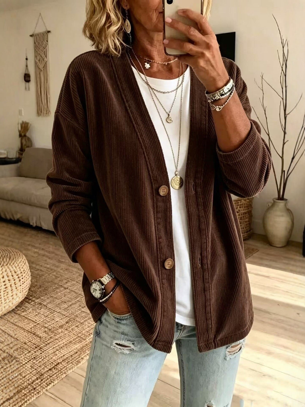 European And American Street Style Autumn And Winter Women's Coat Solid Color Button Cardi