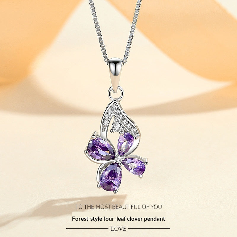 925 Sterling Silver Purple Diamond Butterfly Pendant Korean Style Necklace