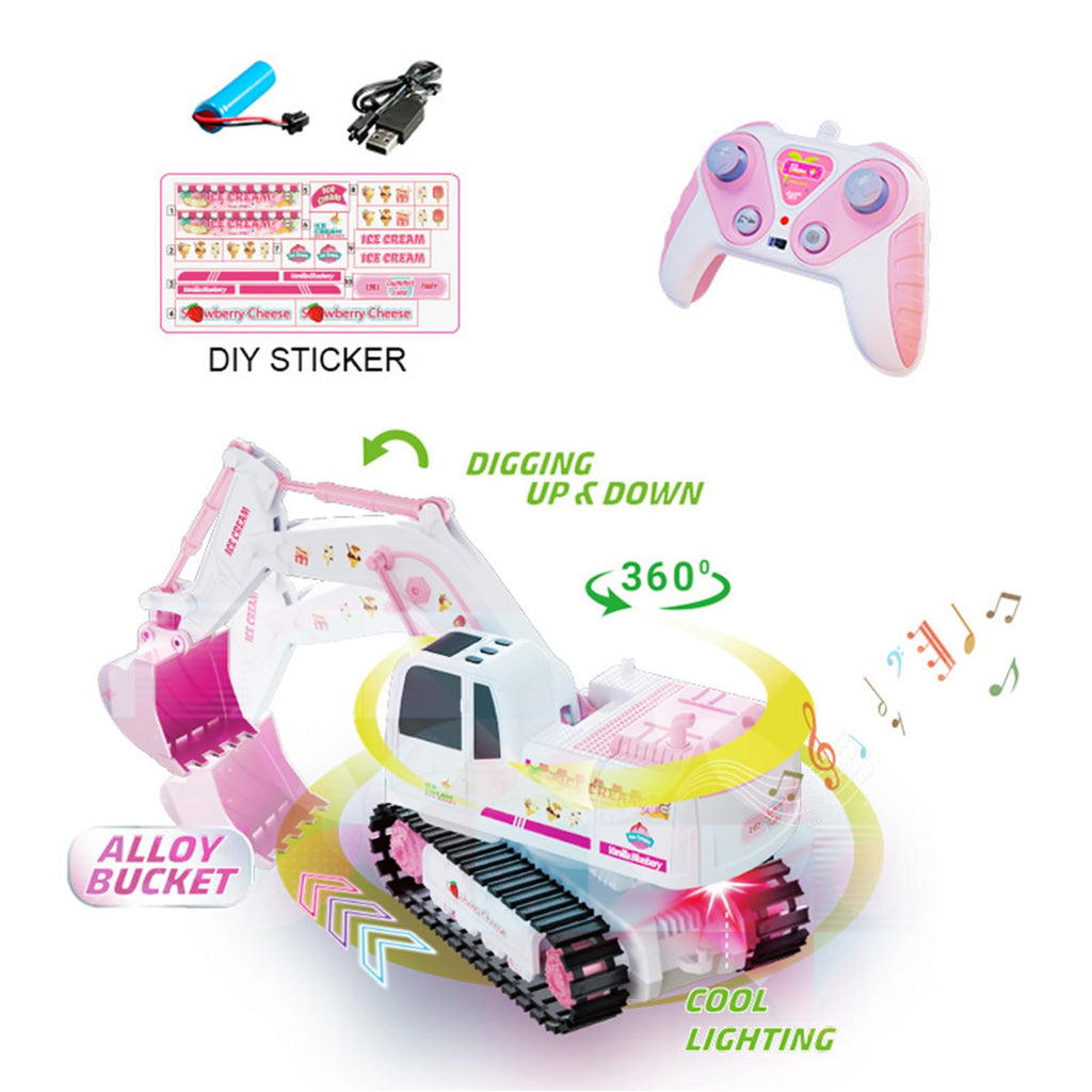 Pink Remote Control Excavator Toy Rechargeable Tracked Construction Vehicle with Lights and Sounds