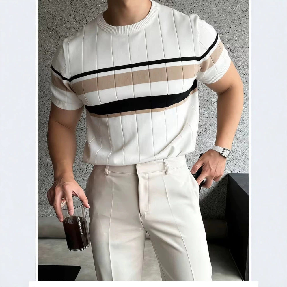 Couleur-Block rayés hommes tricoté manches courtes supérieur casual