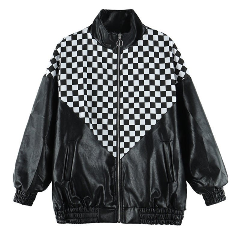 Veste en cuir plaqué noir et blanc PU