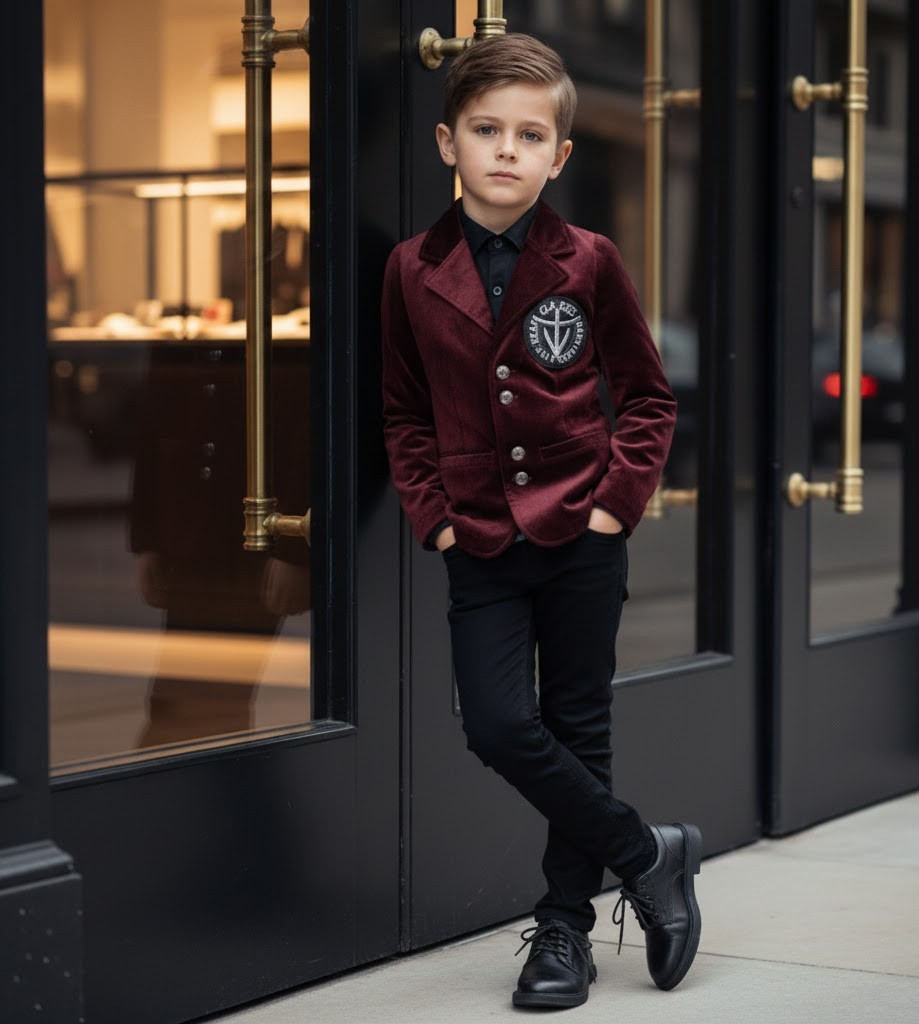 Garçon costume formel anniversaire Veste de fête Velvet Blazer vin rouge 3-7y Slim Fit
