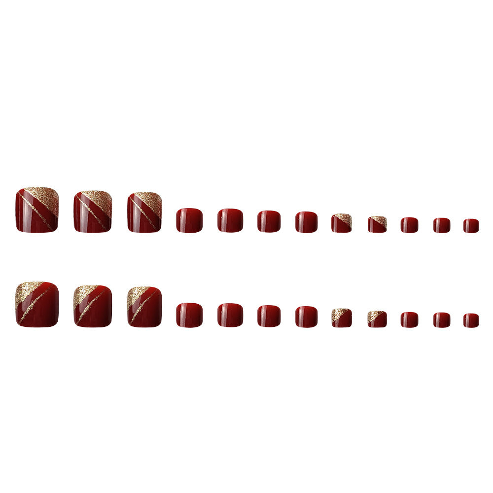 24-pièces Short-style Conseil d'ongle côté Glitter poudre pressée ongles rouge orteil