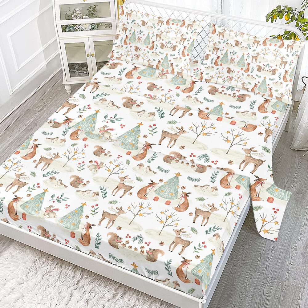 Ensemble de feuilles enfants - Cute Deer Fox 4 pièces Soft Microfibre Cartoon Style Feuilles de lit pour garçons G