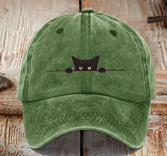 Chapeau en coton lavé imprimé chat avec une finition difficile
